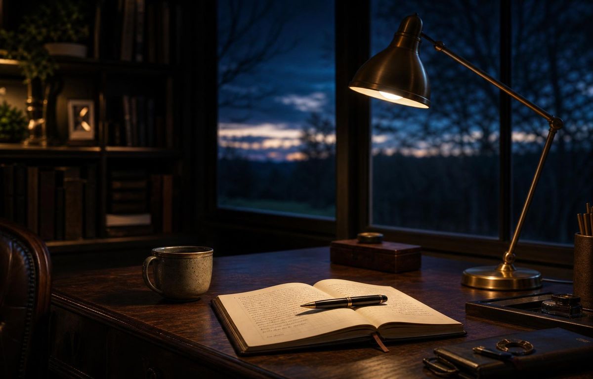 An empty chair beside an arched window at dusk, warm lamplight against a deep navy sky.
