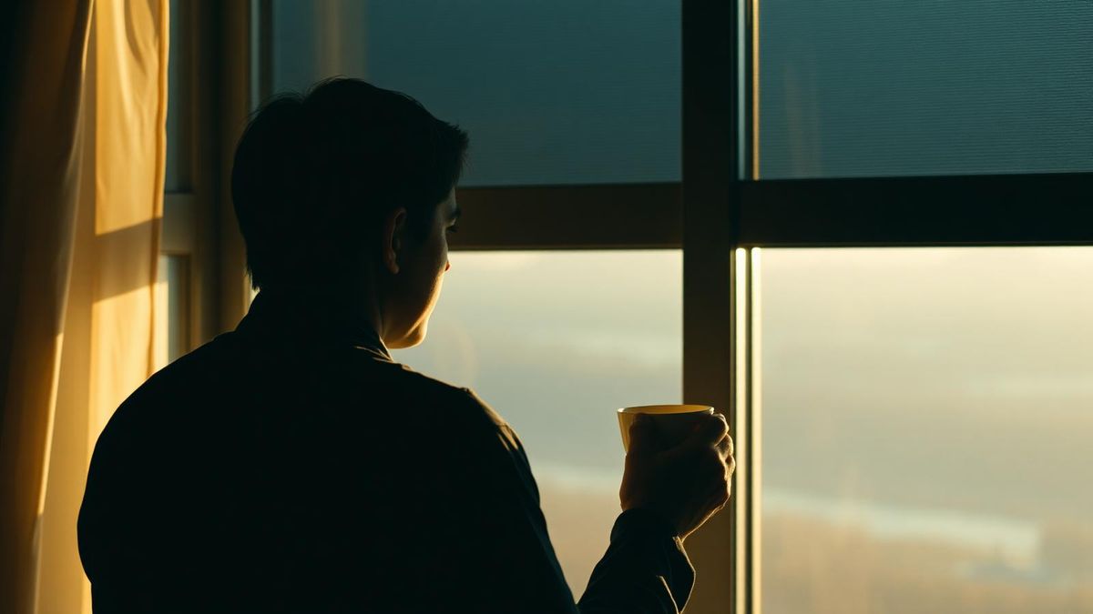 A person at a window in early morning light, quietly holding a cup of tea.